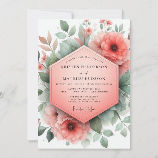 Coral Blossom Whimsical Wedding Einladung (Vorderseite)