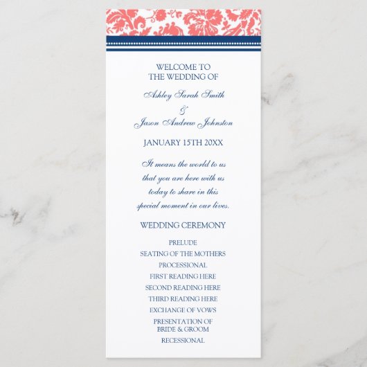 Coral Blue Damask Hochzeitsprogramm Programm (Vorderseite)