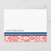 Coral Blue Damask Save the Date Hochzeitstorte Ankündigungspostkarte (Rückseite)