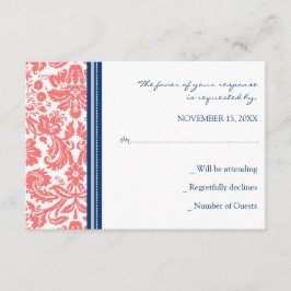 Coral Blue Damask UAWG Wedding Card RSVP Karte