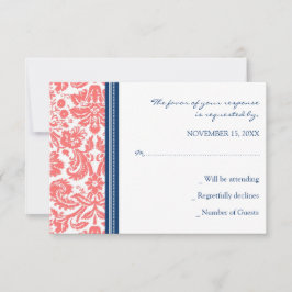 Coral Blue Damask UAWG Wedding Card RSVP Karte