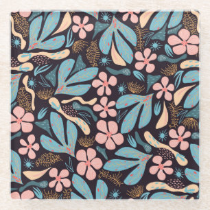 Coral Blue Floral Dark Print Glasuntersetzer