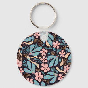 Coral Blue Floral Dark Print Schlüsselanhänger