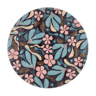 Coral Blue Floral Dark Print Schneidebrett