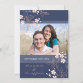 Coral Blue Floral Foto Hochzeitskarten Einladung (Rückseite)