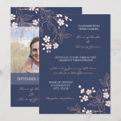 Coral Blue Floral Foto Hochzeitskarten Einladung (Vorne/Hinten)