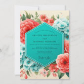 Coral Blue Floral Romance Wedding Einladung (Vorderseite)