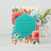 Coral Blue Floral Romance Wedding Einladung (Stehend Vorderseite)