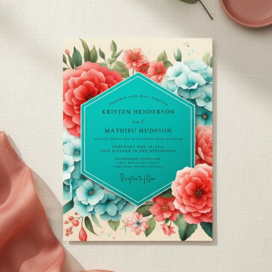 Coral Blue Floral Romance Wedding Einladung