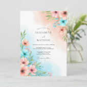 Coral Blue Floral Whimsy Wedding Einladung (Stehend Vorderseite)