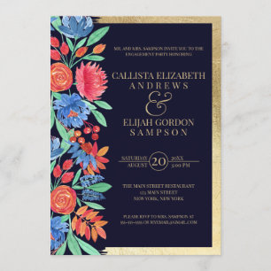 Coral Blue Gold Floral Watercolor Verlobung Einladung