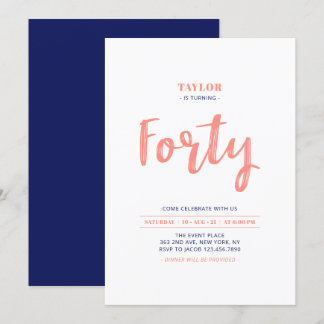 Coral & Blue Lettering 40. Geburtstag Party Einladung