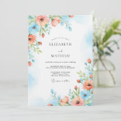 Coral Blue Painterly Bloom Wedding Einladung (Stehend Vorderseite)