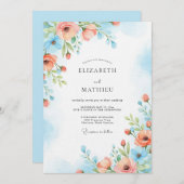Coral Blue Painterly Bloom Wedding Einladung (Vorne/Hinten)