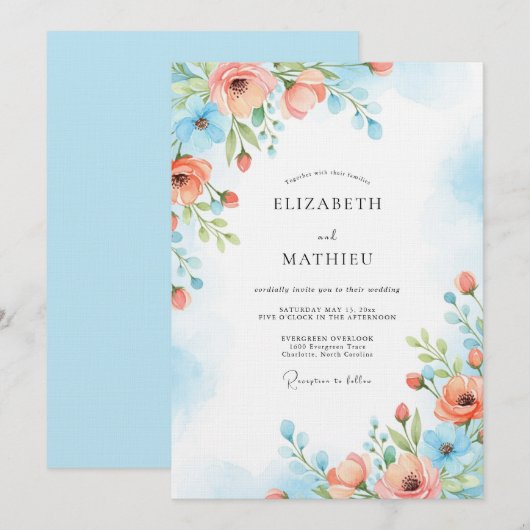 Coral Blue Painterly Bloom Wedding Einladung (Vorne/Hinten)