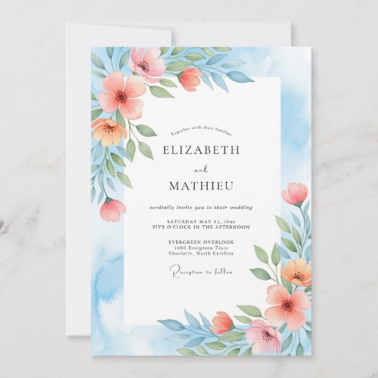 Coral Blue Painterly Botanical Wedding Einladung (Vorderseite)