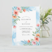 Coral Blue Painterly Botanical Wedding Einladung (Stehend Vorderseite)