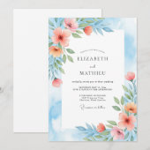 Coral Blue Painterly Botanical Wedding Einladung (Vorne/Hinten)