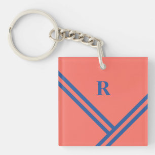 Coral Blue Stripes Trending Colors Monogram Schlüsselanhänger