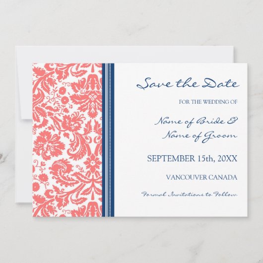 Coral Blue Wedding Save the Date Card (Vorderseite)