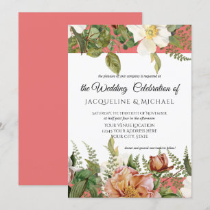 Coral Blush Floral Ivory Peony Wedding Rose Leaf Einladung