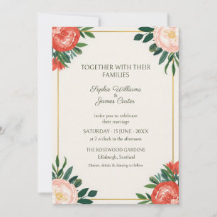 Coral Blush Pfingstrose Goldene Hochzeitseinladung Einladung