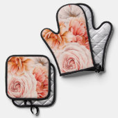 Coral Blush Pink Peonies Blumenmuster Ofenhandschuh & Topflappen-Set (Vorderseite/Rückseite)