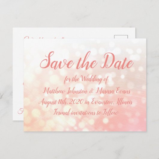 Coral Bokeh Personalisiert Save the Date Postkarte (Vorne/Hinten)