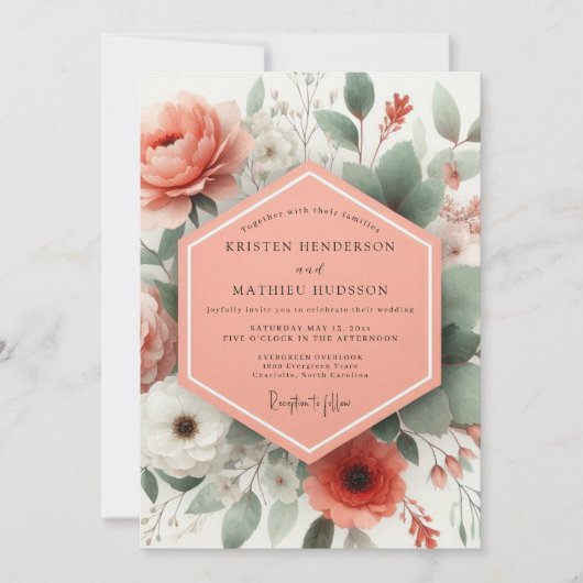 Coral Botanical Elegance Wedding Einladung (Vorderseite)