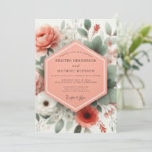 Coral Botanical Elegance Wedding Einladung (Stehend Vorderseite)
