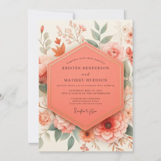 Coral Botanical Romance Wedding Einladung (Vorderseite)