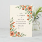 Coral Botanical Rustic Wedding Einladung (Stehend Vorderseite)