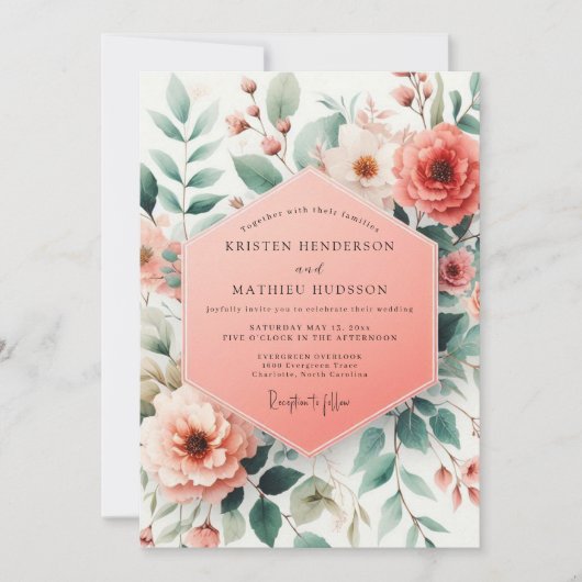 Coral Botanical Whimsy Wedding Einladung (Vorderseite)