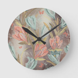 Coral Brown Floral Coffe Blue Ivory Butterfly Runde Wanduhr