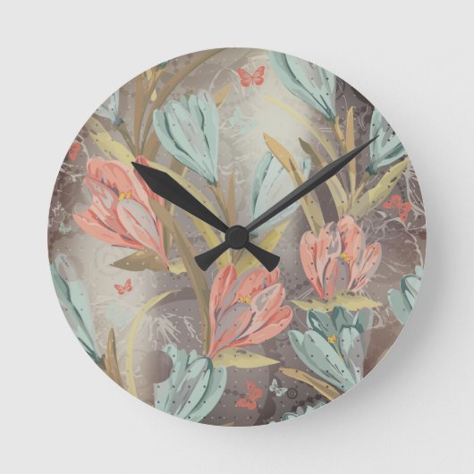 Coral Brown Floral Coffe Blue Ivory Butterfly Runde Wanduhr (Vorderseite)
