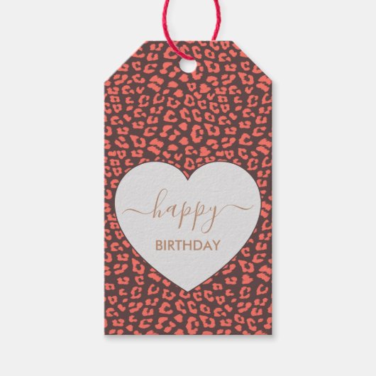 Coral Brown Leopard Print Heart Happy Birthday  Geschenkanhänger (Vorderseite)