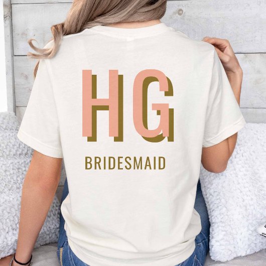 Coral + Brown Monogram Wedding Party Bridesmaid T-Shirt