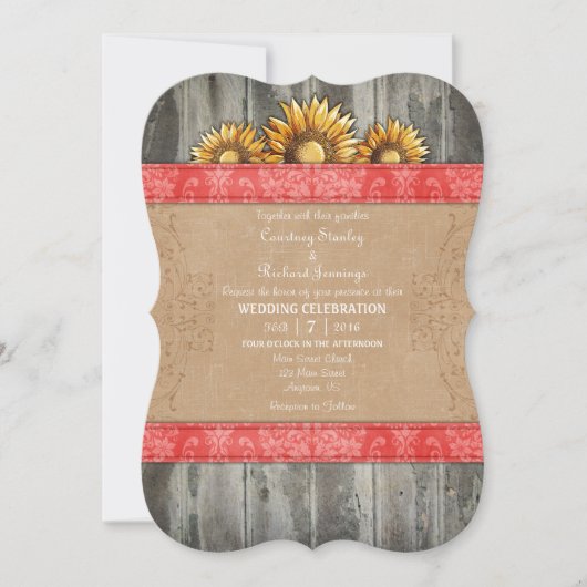 Coral Brown Rustic Sunflower Wedite Einladung (Vorderseite)