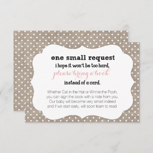 Coral & Burlap Dots Baby Shower Book Request Card Begleitkarte (Vorne/Hinten)