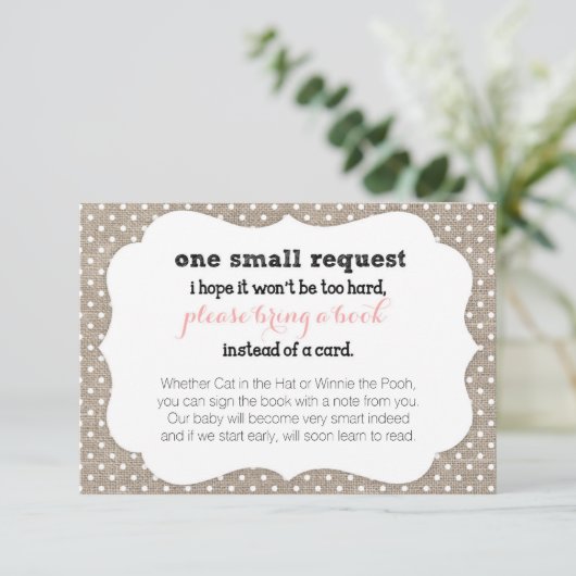 Coral & Burlap Dots Baby Shower Book Request Card Begleitkarte (Stehend Vorderseite)