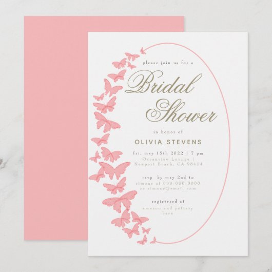 Coral Butterflies Boho Frame Elegantes Brautparty Einladung (Vorne/Hinten)