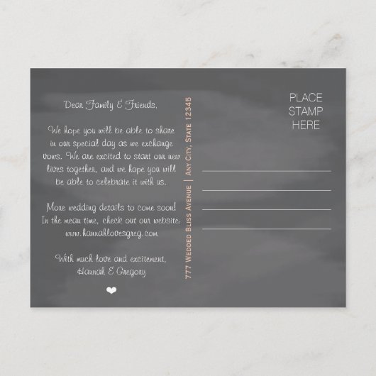 Coral Chalkboard Lace Bow Save the Date Postkarte (Rückseite)
