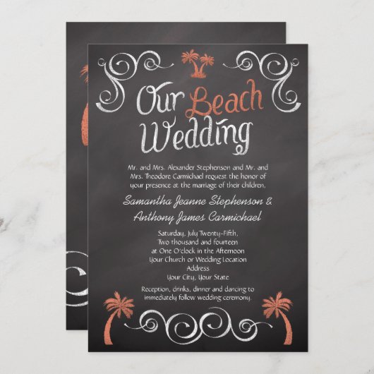 Coral Chalkboard Script Beach Wedding Einladung (Vorne/Hinten)