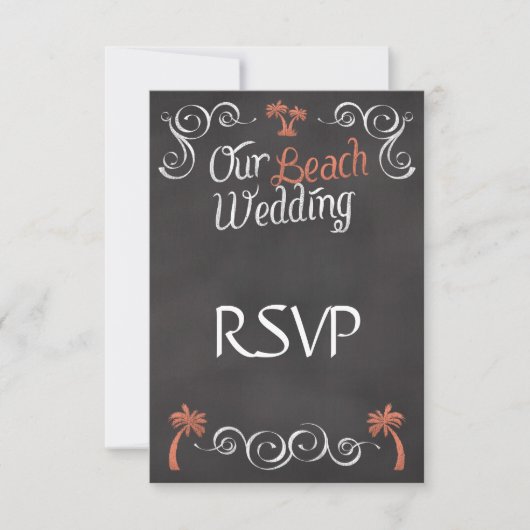 Coral Chalkboard Script Beach Wedding RSVP Karte (Vorderseite)