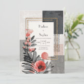 Coral & Charcoal Abstrakte Blumenhochzeit Einladung (Stehend Vorderseite)