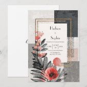 Coral & Charcoal Abstrakte Blumenhochzeit Einladung (Vorne/Hinten)