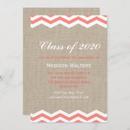 Coral Chevrons auf Burlap Abschluss Einladung (Vorne/Hinten)