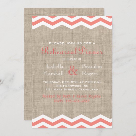 Coral Chevrons auf Burlap Probe Dinner Einladung (Vorne/Hinten)