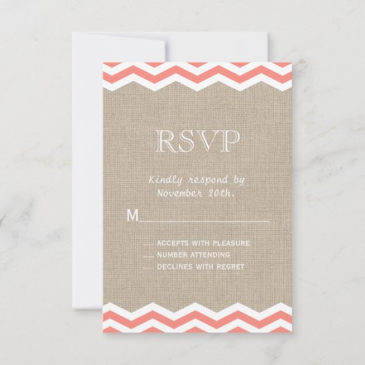 Coral Chevrons auf Burlap UAWG RSVP Karte (Rückseite)