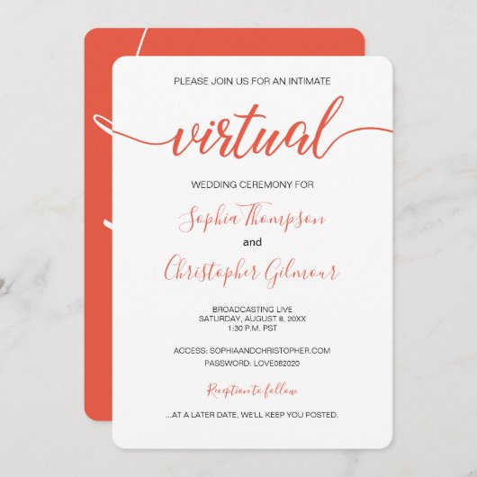 Coral Chic Simple Custom LIVE VIRTUAL Wedding Einladung (Vorne/Hinten)